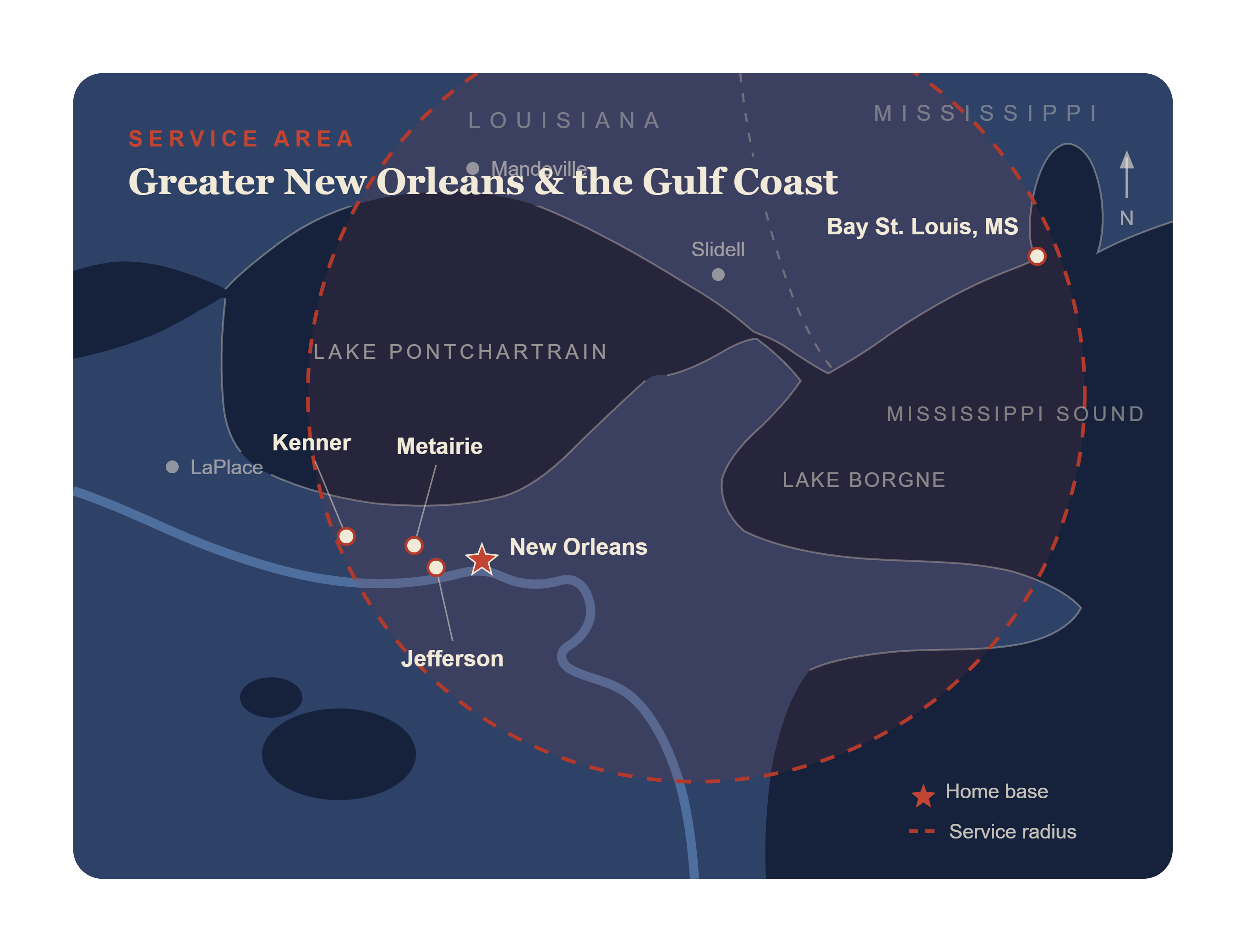Map of Duris's Garage Door Service area: Greater New Orleans and the Gulf Coast, including Kenner, Metairie, Jefferson, New Orleans, and Bay St. Louis, MS